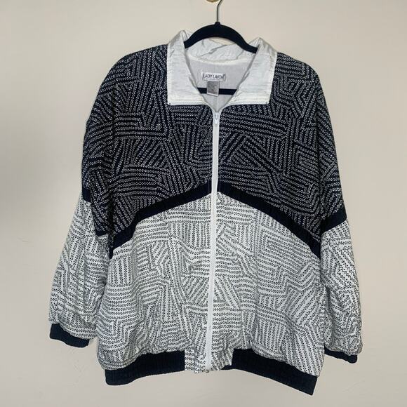 intage Black White Nylon Track Jacket Windbreaker Geometric Pattern Sz 1X - Picture 5 of 7